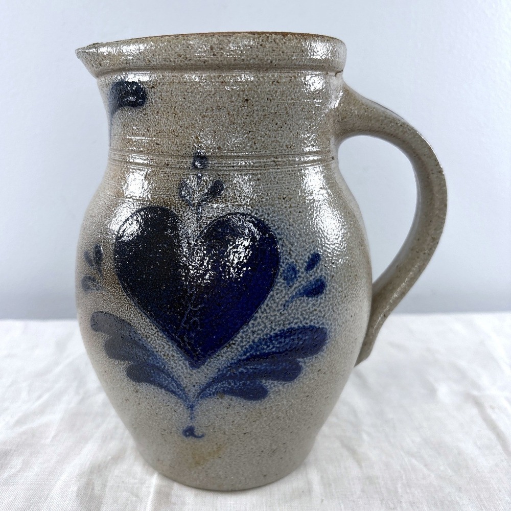 Rowe Pottery Works 1985 Salt Glaze Stoneware Pitcher Blue Heart Cambridge WIS